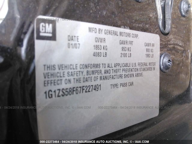 1G1ZS58F67F227491 - 2007 CHEVROLET MALIBU LS 黑色 照片 9