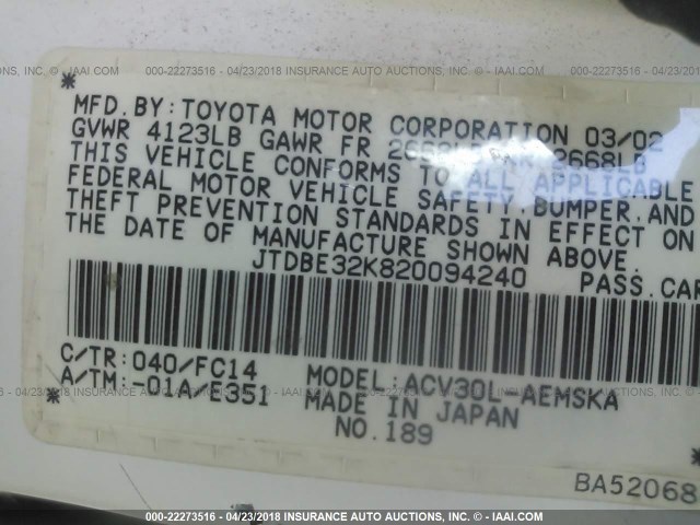 JTDBE32K820094240 - 2002 TOYOTA CAMRY LE/XLE/SE Ақ фото 9
