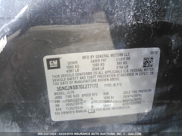 3GNCJNSB7GL277173 - 2016 CHEVROLET TRAX LS GRAY photo 9