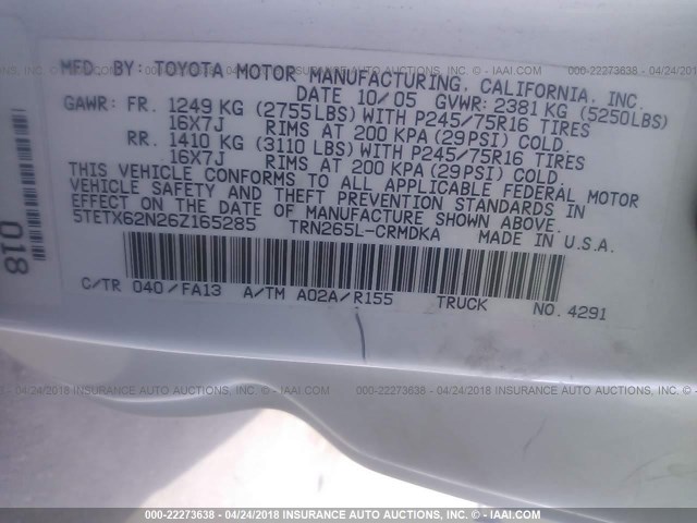 5TETX62N26Z165285 - 2006 TOYOTA TACOMA PRERUNNER ACCESS CAB WHITE photo 9