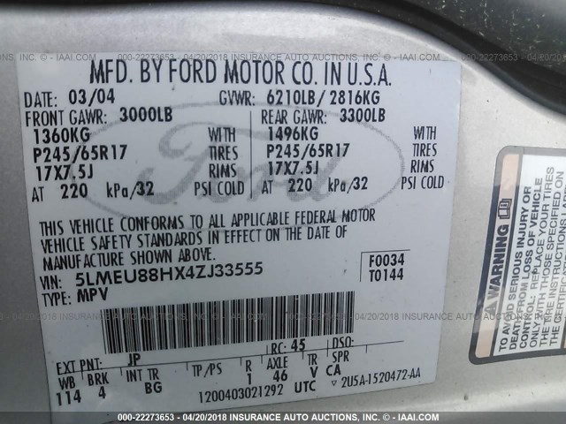 5LMEU88HX4ZJ33555 - 2004 LINCOLN AVIATOR 银色 照片 9