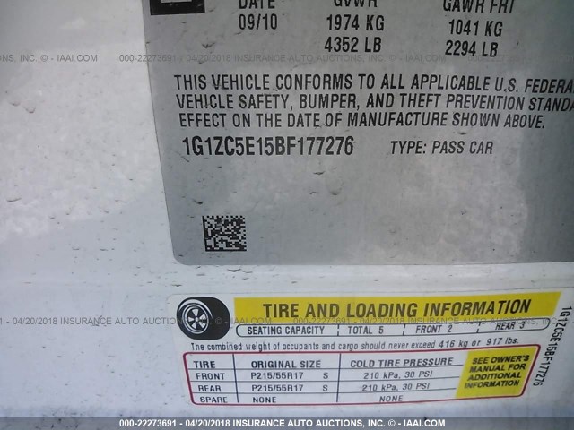 1G1ZC5E15BF177276 - 2011 CHEVROLET MALIBU 1LT თეთრი ფოტო 9