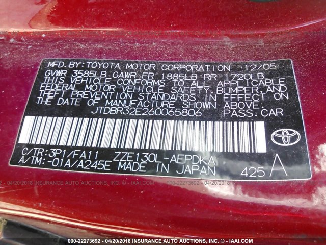 JTDBR32E260065806 - 2006 TOYOTA COROLLA CE/LE RED photo 9