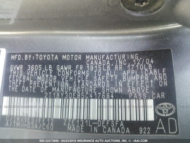 2T1BY30E85C417684 - 2005 TOYOTA COROLLA XRS GRAY photo 9