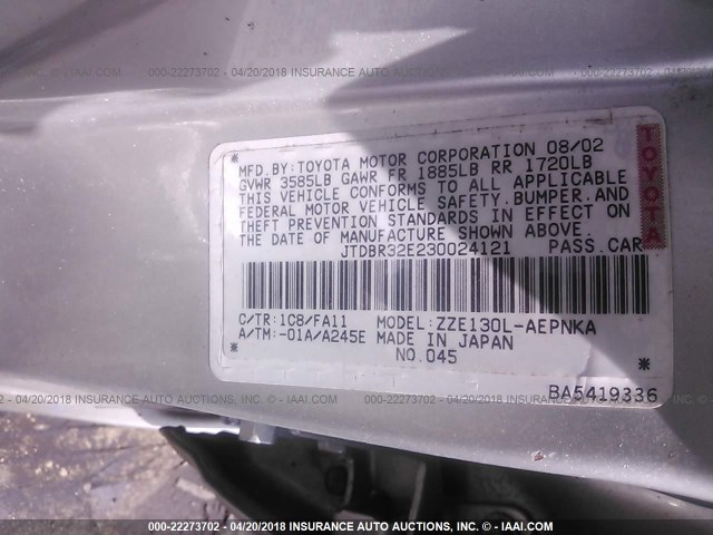 JTDBR32E230024121 - 2003 TOYOTA COROLLA CE/LE SILVER photo 9