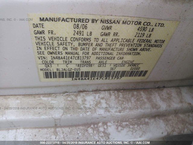 1N4BA41E47C813797 - 2007 NISSAN MAXIMA SE/SL WHITE photo 9