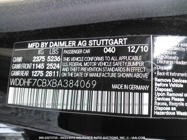 WDDHF7CBXBA384069 - 2011 MERCEDES-BENZ E 550 BLACK photo 9