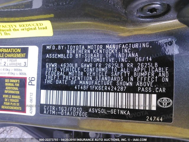 4T4BF1FK6ER424287 - 2014 TOYOTA CAMRY L/SE/LE/XLE SILVER photo 9