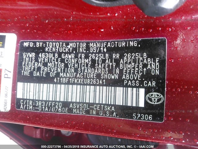 4T1BF1FKXEU826341 - 2014 TOYOTA CAMRY L/SE/LE/XLE 红色 照片 9
