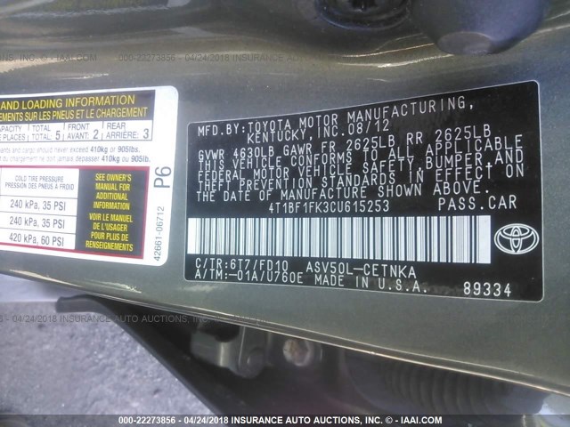 4T1BF1FK3CU615253 - 2012 TOYOTA CAMRY SE/LE/XLE ნაცრისფერი ფოტო 9