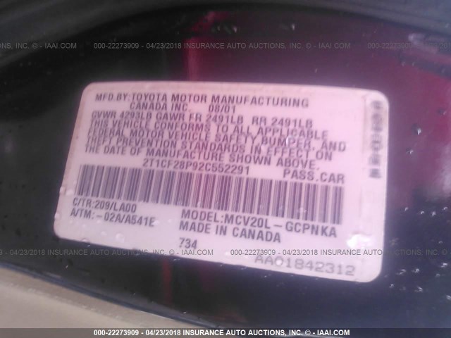 2T1CF28P92C552291 - 2002 TOYOTA CAMRY SOLARA SE/SLE შავი ფოტო 9