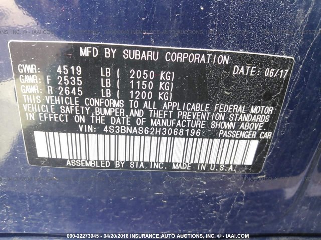 4S3BNAS62H3068196 - 2017 SUBARU LEGACY SPORT BLUE photo 9