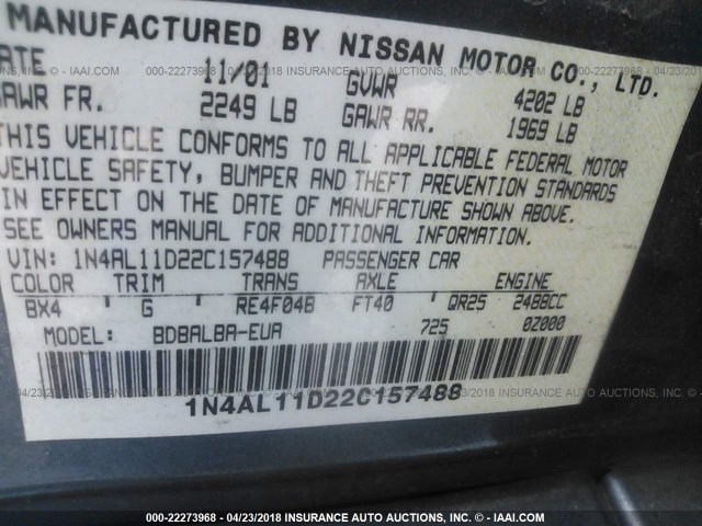 1N4AL11D22C157488 - 2002 NISSAN ALTIMA S/SL TEAL photo 9