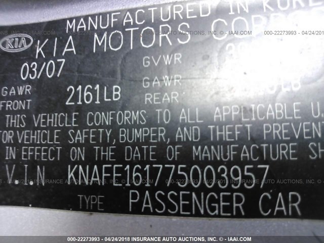 KNAFE161775003957 - 2007 KIA SPECTRA5 SX SILVER photo 9