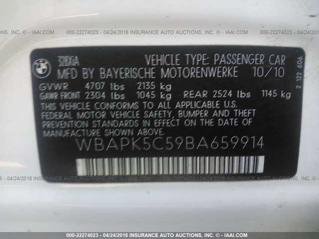 WBAPK5C59BA659914 - 2011 BMW 328 XI SULEV WHITE photo 9