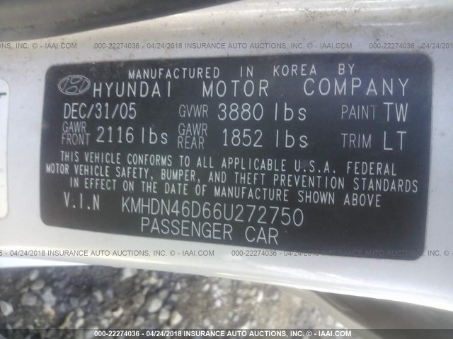 KMHDN46D66U272750 - 2006 HYUNDAI ELANTRA GLS/GT/LIMITED SILVER photo 9