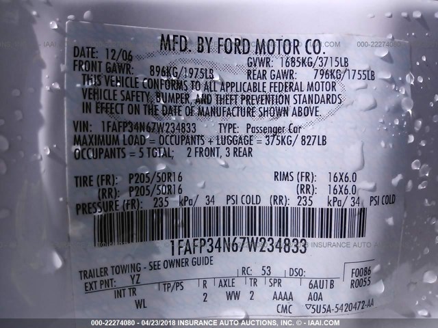 1FAFP34N67W234833 - 2007 FORD FOCUS ZX4/S/SE/SES 白色 照片 9