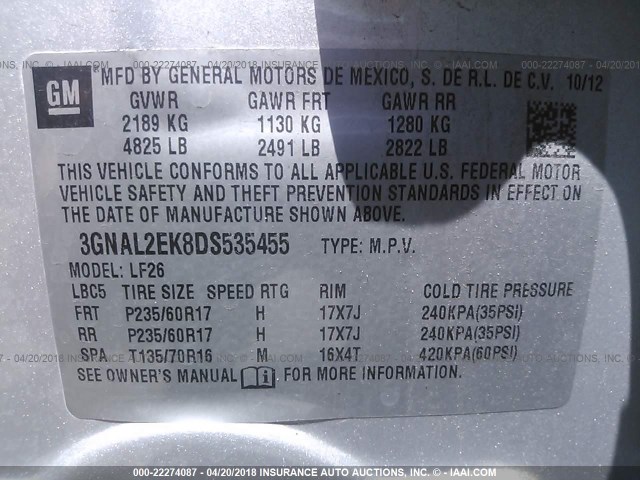 3GNAL2EK8DS535455 - 2013 CHEVROLET CAPTIVA LS 银色 照片 9