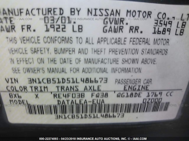 3N1CB51D51L486673 - 2001 NISSAN SENTRA XE/GXE BLUE photo 9