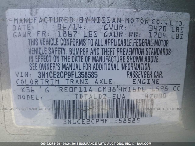 3N1CE2CP9FL358585 - 2015 NISSAN VERSA NOTE S/S PLUS/SV/SL/SR SILVER photo 9