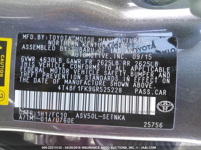 4T4BF1FK9GR525228 - 2016 TOYOTA CAMRY LE/XLE/SE/XSE GRAY photo 9