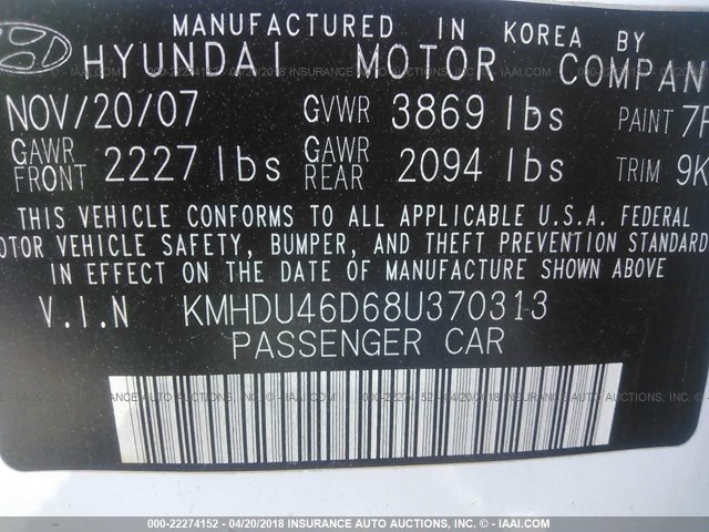 KMHDU46D68U370313 - 2008 HYUNDAI ELANTRA GLS/SE/LIMITED WHITE photo 9