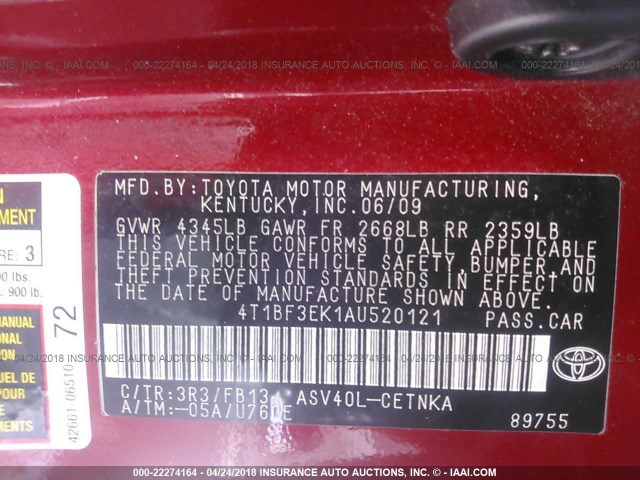 4T1BF3EK1AU520121 - 2010 TOYOTA CAMRY SE/LE/XLE RED photo 9
