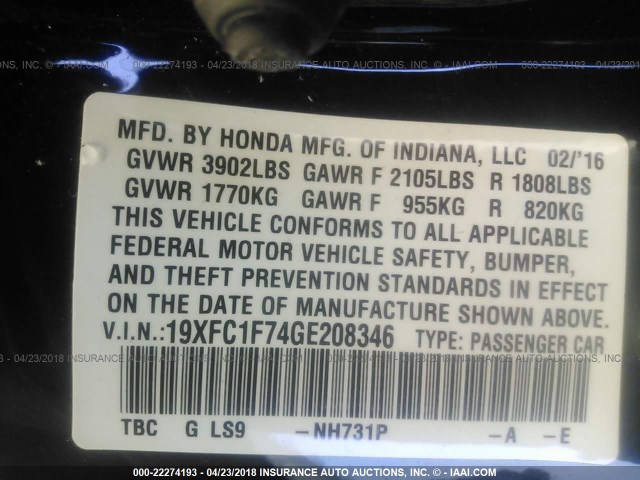 19XFC1F74GE208346 - 2016 HONDA CIVIC EXL BLACK photo 9