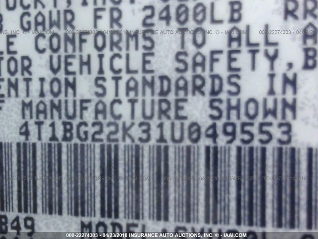 4T1BG22K31U049553 - 2001 TOYOTA CAMRY CE/LE/XLE 栗色 照片 9