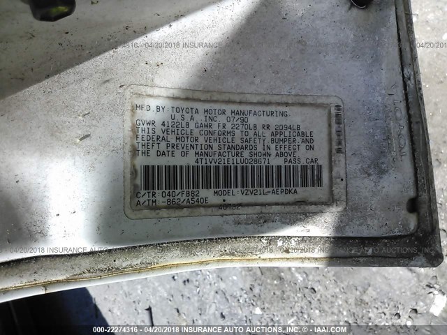 4T1VV21E1LU028671 - 1990 TOYOTA CAMRY DLX 白色 照片 9