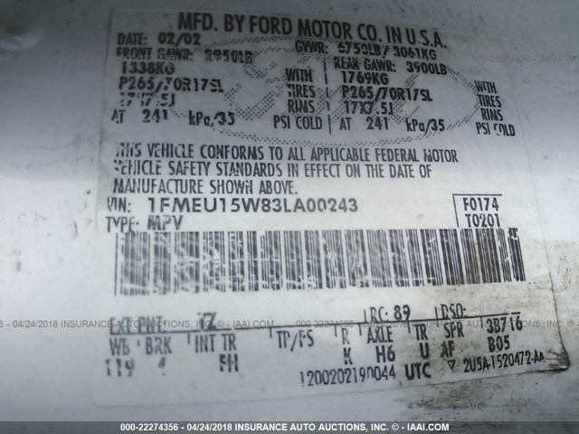 1FMEU15W83LA00243 - 2003 FORD EXPEDITION XLT WHITE photo 9