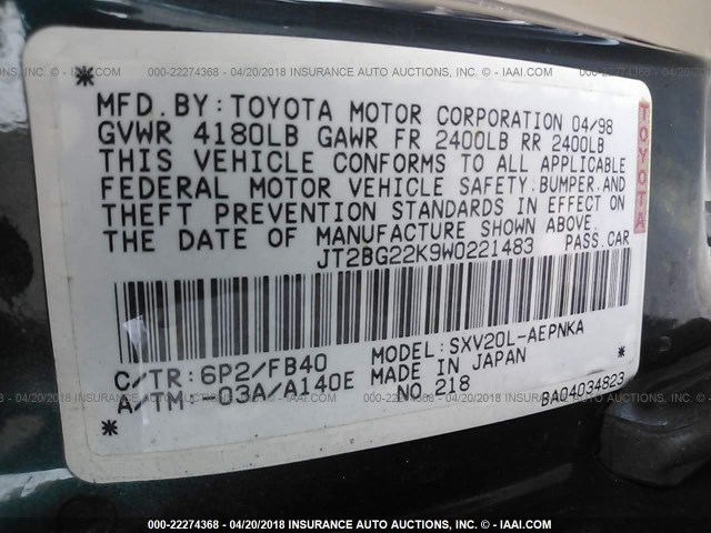 JT2BG22K9W0221483 - 1998 TOYOTA CAMRY CE/LE/XLE 绿色 照片 9