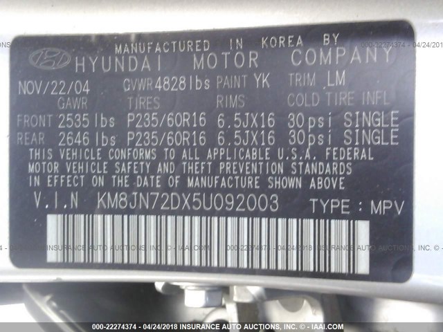 KM8JN72DX5U092003 - 2005 HYUNDAI TUCSON GLS/LX SILVER photo 9