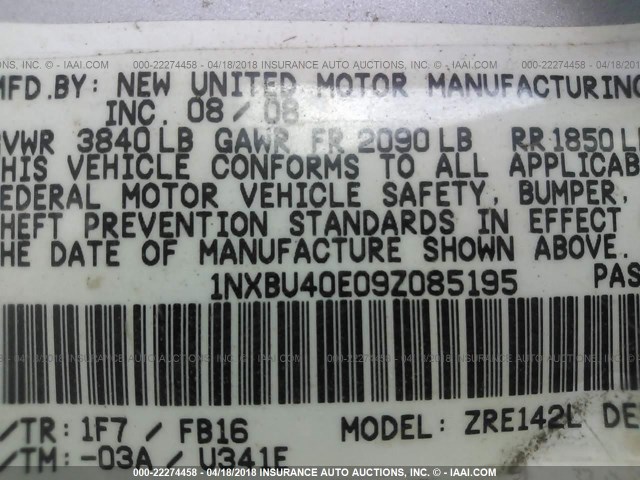 1NXBU40E09Z085195 - 2009 TOYOTA COROLLA S/LE/XLE SILVER photo 9