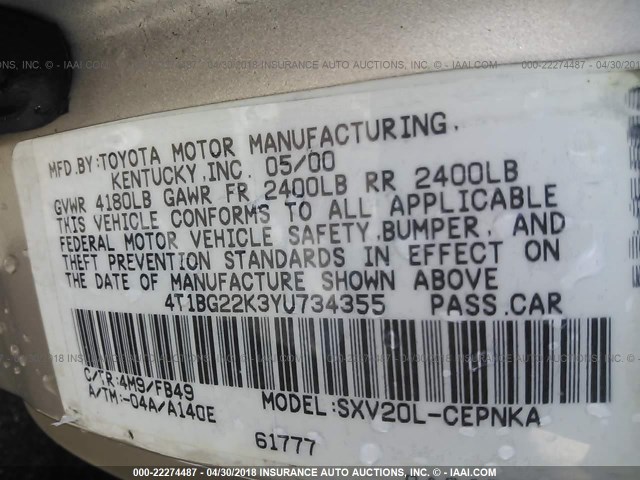 4T1BG22K3YU734355 - 2000 TOYOTA CAMRY CE/LE/XLE 米色 照片 9