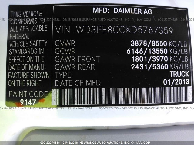 WD3PE8CCXD5767359 - 2013 MERCEDES-BENZ SPRINTER 2500 WHITE photo 9