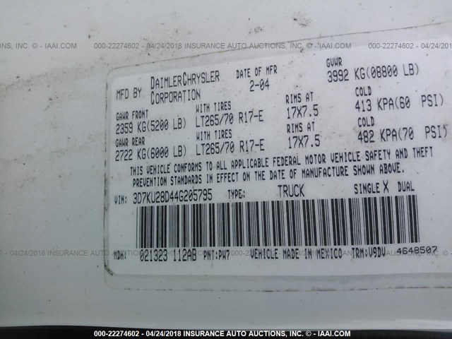 3D7KU28D44G205795 - 2004 DODGE RAM 2500 ST/SLT 白色 照片 9