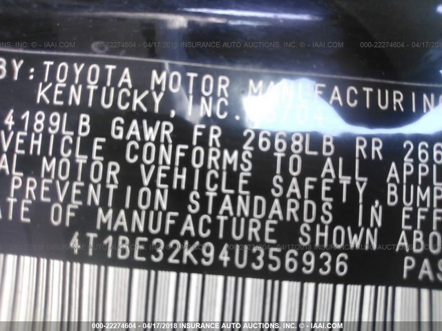 4T1BE32K94U356936 - 2004 TOYOTA CAMRY LE/XLE/SE BLACK photo 9