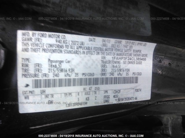 1FAHP3F24CL385466 - 2012 FORD FOCUS SE შავი ფოტო 9