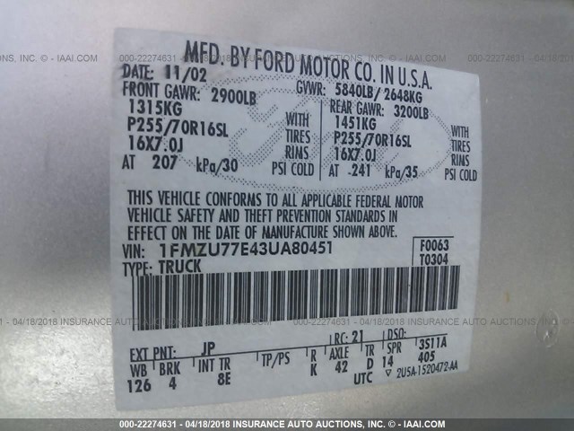 1FMZU77E43UA80451 - 2003 FORD EXPLORER SPORT TR  SILVER photo 9