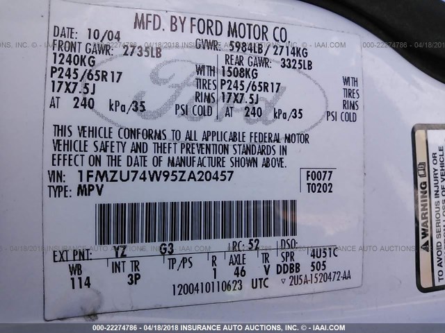 1FMZU74W95ZA20457 - 2005 FORD EXPLORER EDDIE BAUER WHITE photo 9