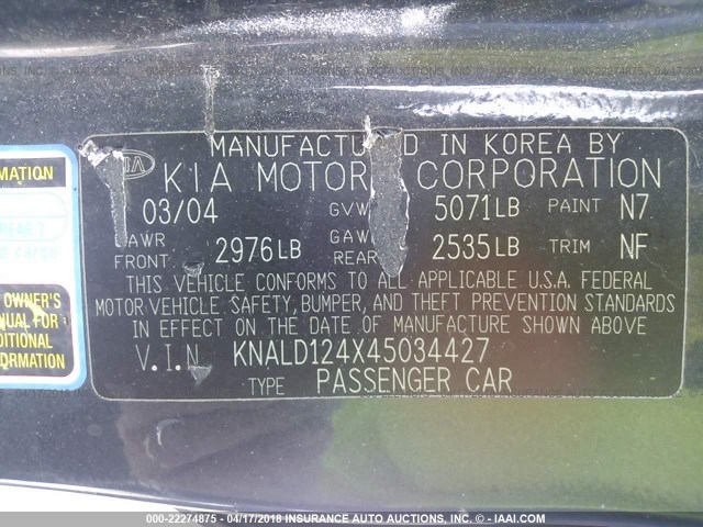 KNALD124X45034427 - 2004 KIA AMANTI GRAY photo 9