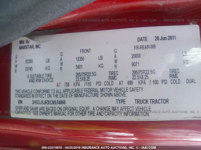 3HSDJSJRXCN534066 - 2012 INTERNATIONAL PROSTAR أحمر صورة 10