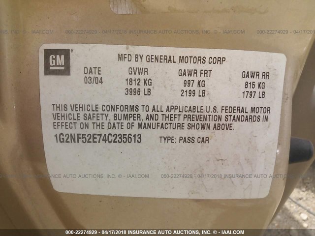 1G2NF52E74C235613 - 2004 PONTIAC GRAND AM SE1 GOLD photo 9