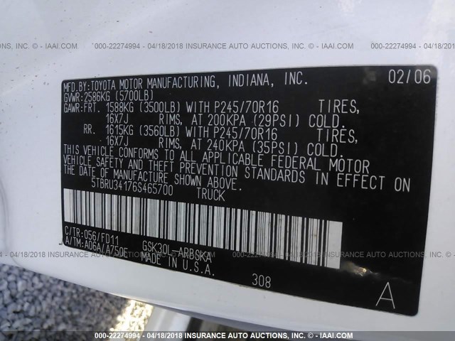 5TBRU34176S465700 - 2006 TOYOTA TUNDRA ACCESS CAB SR5 WHITE photo 9