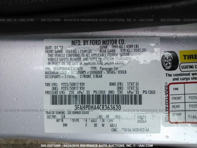 3FAHP0HA4CR363620 - 2012 FORD FUSION SE SILVER photo 9