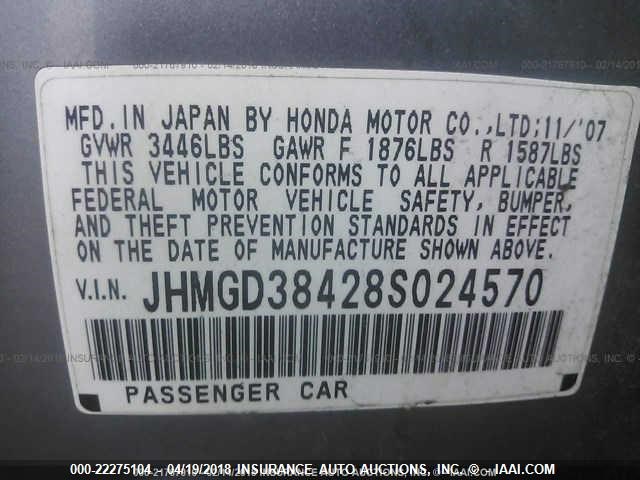 JHMGD38428S024570 - 2008 HONDA FIT GRAY photo 9