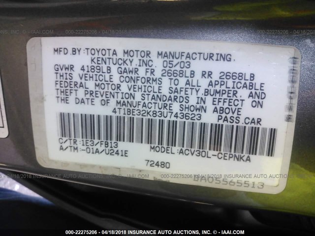 4T1BE32K83U743623 - 2003 TOYOTA CAMRY LE/XLE/SE GRAY photo 9