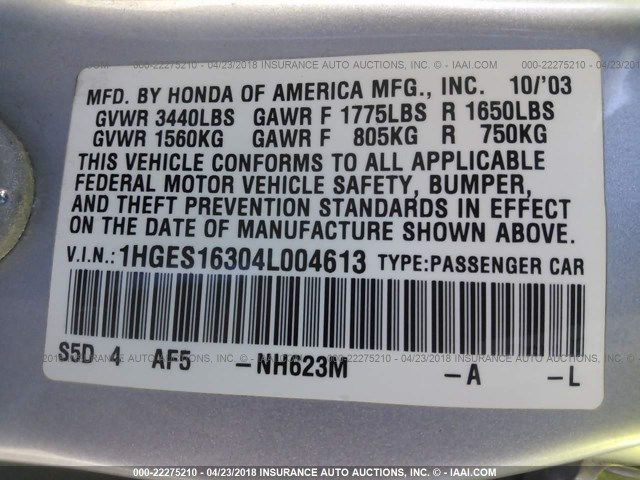 1HGES16304L004613 - 2004 HONDA CIVIC DX VP Gümüş foto 9