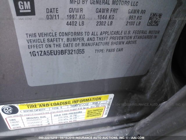 1G1ZA5EU9BF321055 - 2011 CHEVROLET MALIBU LS ნაცრისფერი ფოტო 9